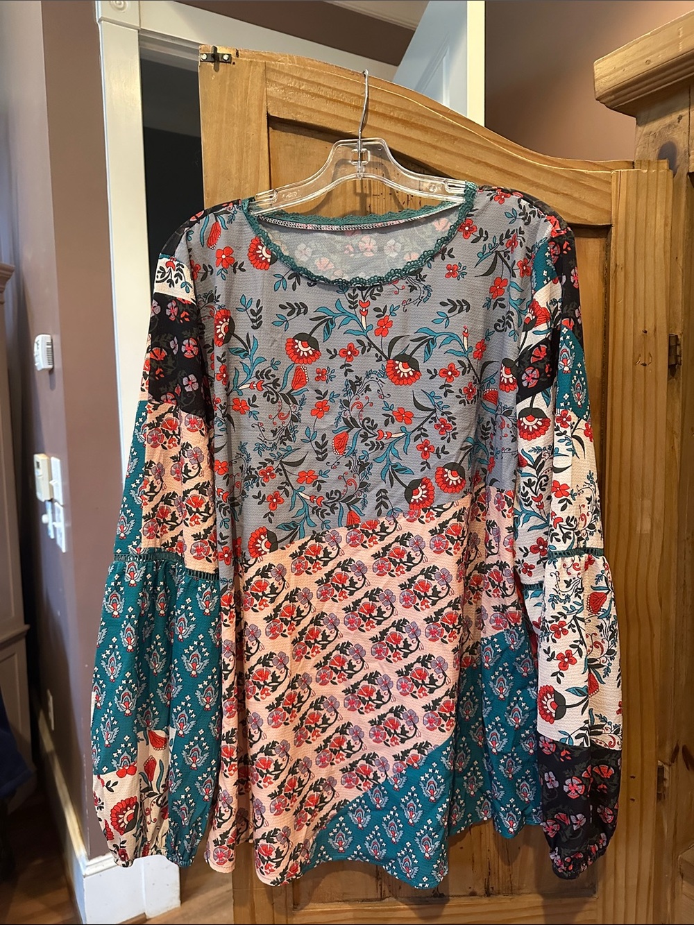 Boho Patchwork Floral Long Sleeve Top in Teal & Coral